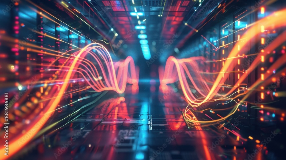 Network waves traveling inside a data center, depicted through vibrant, glowing lines interweaving in a dark, futuristic setting. Network waves traveling inside a data center, depicted through vibrant, glowing lines interweaving in a dark, futuristic setting.