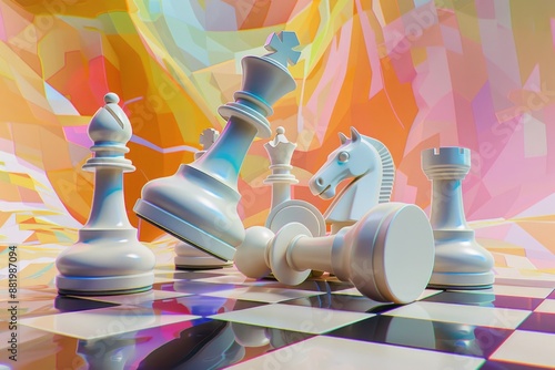3D Cartoon Chess Game Scene with Vibrant Colors - Chess Pieces on Abstract Background