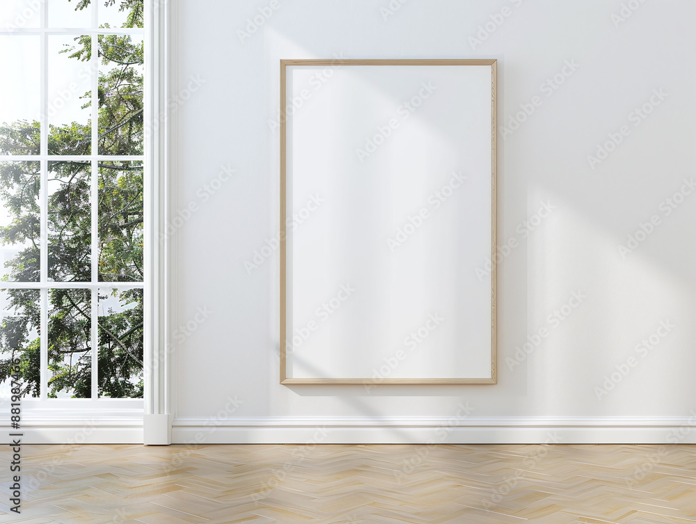 Wooden frame mockup hanging on the white wall with shadows from the window and plants as decor. Vertical trendy frame mockup for posters and prints. Wooden frame mockup hanging on the white wall with shadows from the window and plants as decor. Vertical trendy frame mockup for posters and prints.