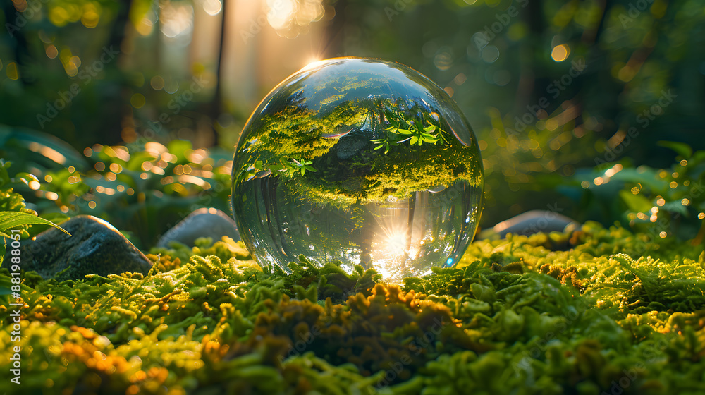 A glass ball reflecting lush green moss and sunlight in a serene forest. Nature's tranquility captured in a crystal-clear orb transforming the scene. A glass ball reflecting lush green moss and sunlight in a serene forest. Nature's tranquility captured in a crystal-clear orb transforming the scene.