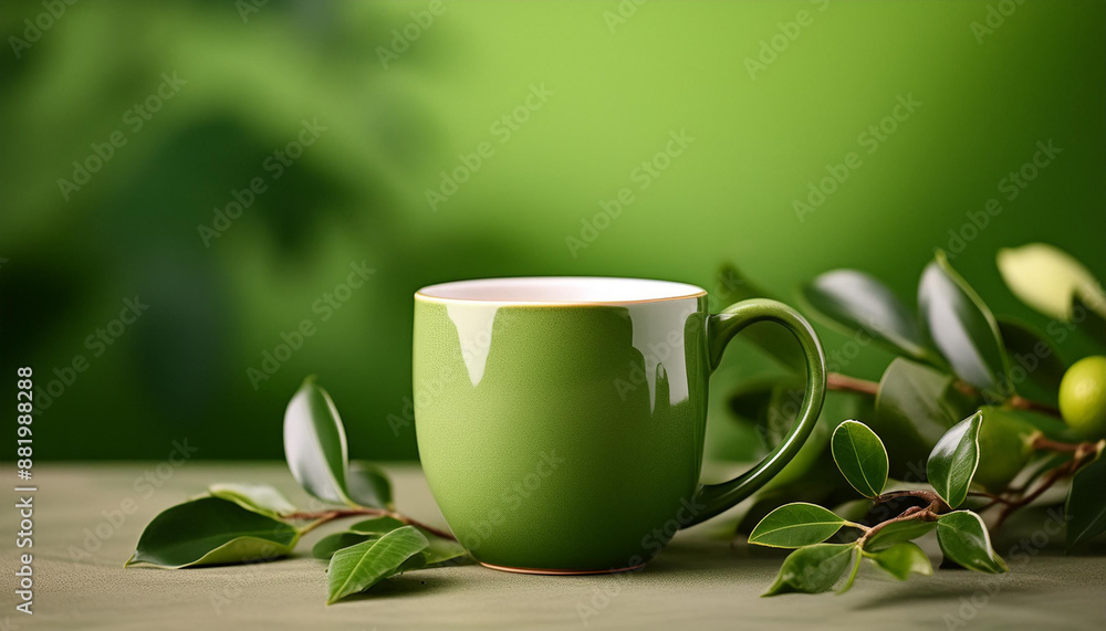 Green ceramic cup against green backdrop. Drink ware. Mug for hot beverage. Mock-up. Green ceramic cup against green backdrop. Drink ware. Mug for hot beverage. Mock-up.