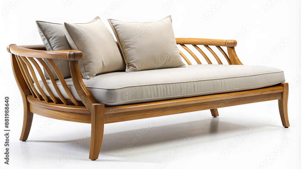 Fototapeta premium Luxurious teak wood lounge daybed with elegant curved lines and comfortable cushions, isolated on a crisp white background, exuding relaxation and sophistication.