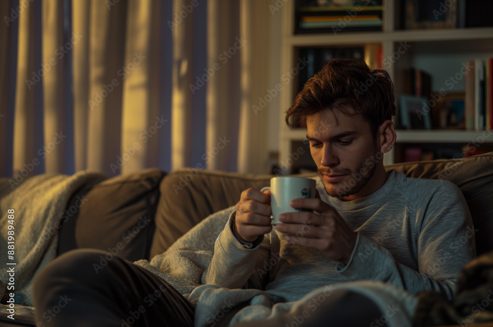 リビングでコーヒーブレイクを取る男性 リビングでコーヒーブレイクを取る男性