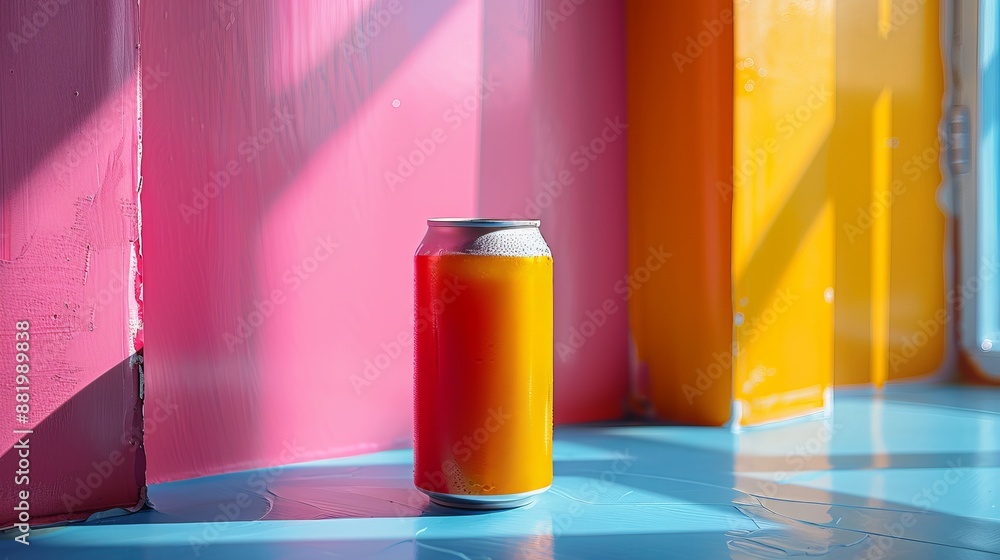 mockup for a tin can with a drink on a minimalist bright background. copy space. pink color can on pink background mockup for a tin can with a drink on a minimalist bright background. copy space. pink color can on pink background