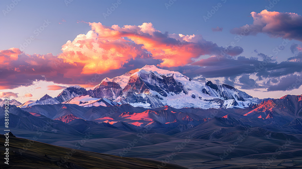 A photo of the Chomolhari Mountain, with snow-capped peaks as the background, during sunset A photo of the Chomolhari Mountain, with snow-capped peaks as the background, during sunset