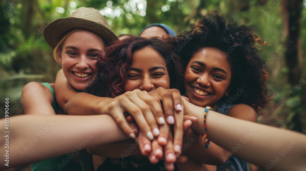 Joyful diverse group of friends stacking hands together in a lush forest Joyful diverse group of friends stacking hands together in a lush forest