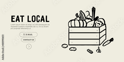 Farmer vegetables in crate from farm ready to sell on market. Hand drawn simple ink charcoal chalk or crayon vector illustration in doodle style. Farming, agriculture, local organic production concept