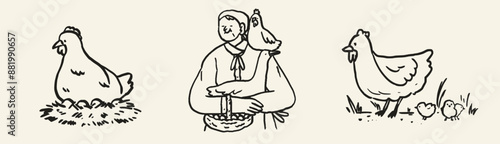 Elderly farmer feeding hen and goose concept. Granny with chicken and basket with eggs. Countryside agriculture, farmer eco products. Charcoal ink chalk crayon vector illustration. Eat local concept.