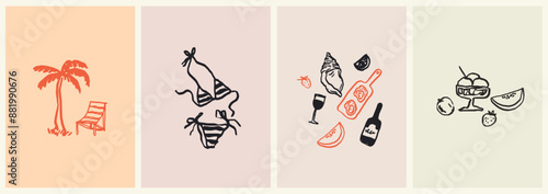 Charcoal crayon chalk style vector illustrations poster or placard set. Creative summer print, label, cover. Ink hand drawn design elements. Seaside collection for invitation to beach party menu.