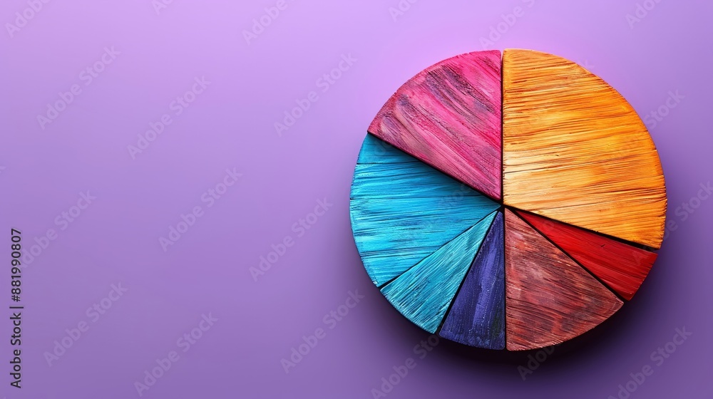 Obraz premium Wooden blocks with pie chart segments on a purple background, illustrating financial distribution for investment analysis Flat lay High quality, no realistic photo details