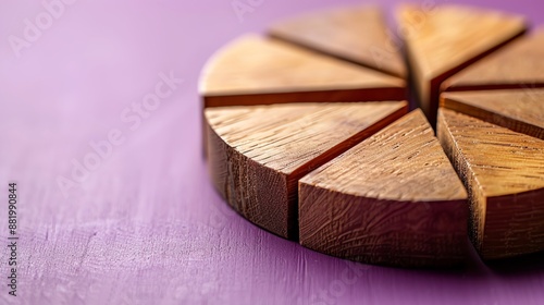 Wooden blocks with pie chart segments on a purple background, illustrating financial distribution for investment analysis Flat lay High quality, no realistic photo details