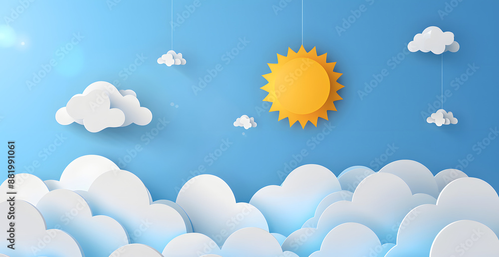 Paper cut of sun and cloud on blue sky background. Vector illustration Paper cut of sun and cloud on blue sky background. Vector illustration
