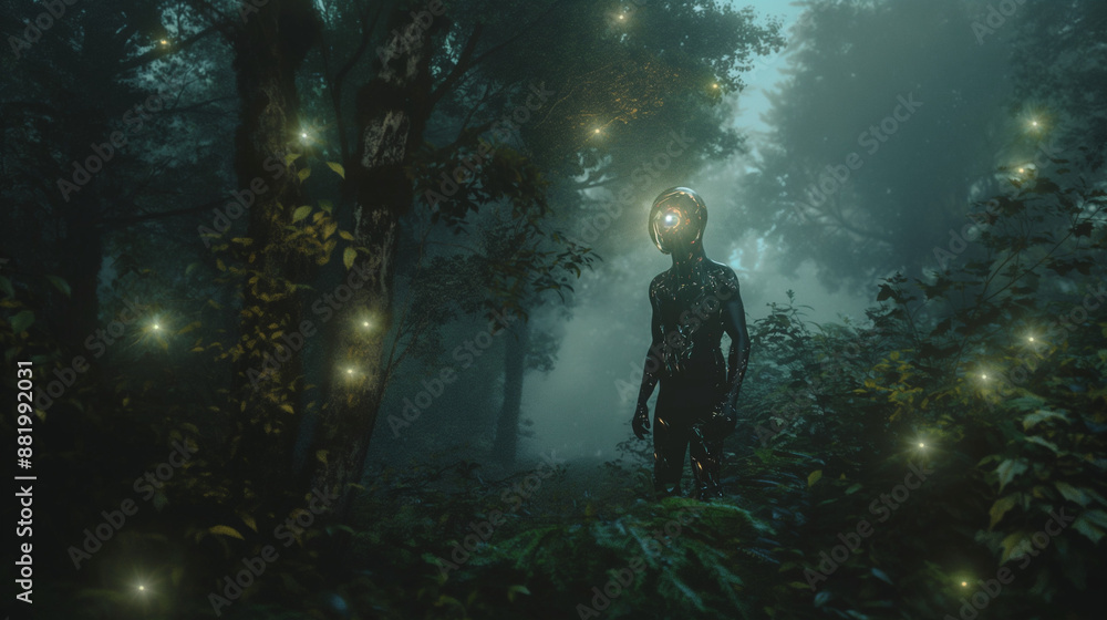 Ethereal figure among glowing orbs in foggy forest. Ethereal figure among glowing orbs in foggy forest.