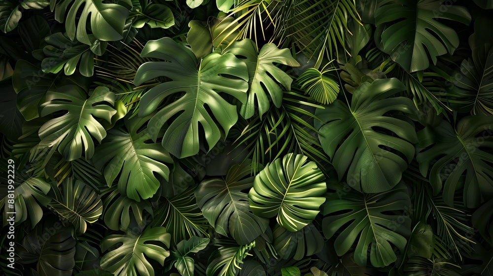 Hand-Drawn Pattern of Monstera Leaves and Palm Branches in Green Tropical Forest, Abstract Botanical Wallpaper for Banners, Prints, and Wall Art Hand-Drawn Pattern of Monstera Leaves and Palm Branches in Green Tropical Forest, Abstract Botanical Wallpaper for Banners, Prints, and Wall Art