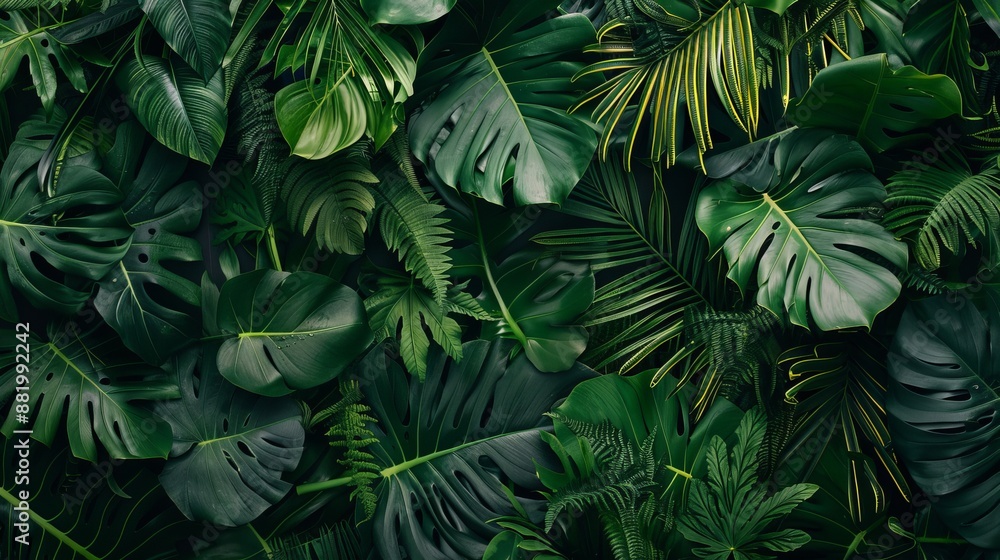 Hand-Drawn Pattern of Monstera Leaves and Palm Branches in Green Tropical Forest, Abstract Botanical Wallpaper for Banners, Prints, and Wall Art Hand-Drawn Pattern of Monstera Leaves and Palm Branches in Green Tropical Forest, Abstract Botanical Wallpaper for Banners, Prints, and Wall Art