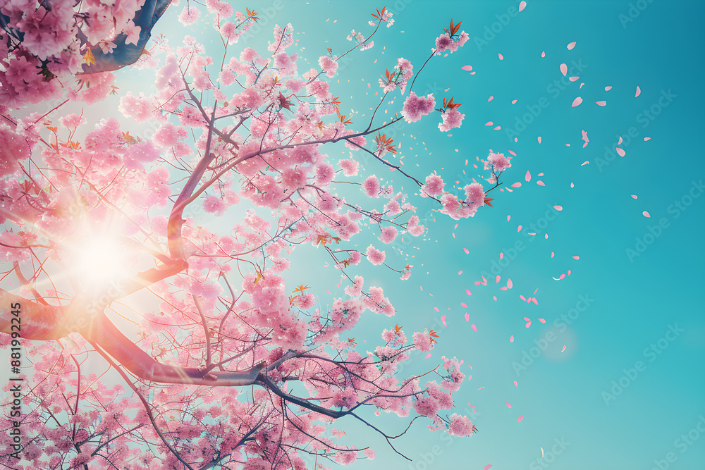 Captivating Full Bloom Cherry Blossom Tree Against Clear Sky with Sunlight Captivating Full Bloom Cherry Blossom Tree Against Clear Sky with Sunlight