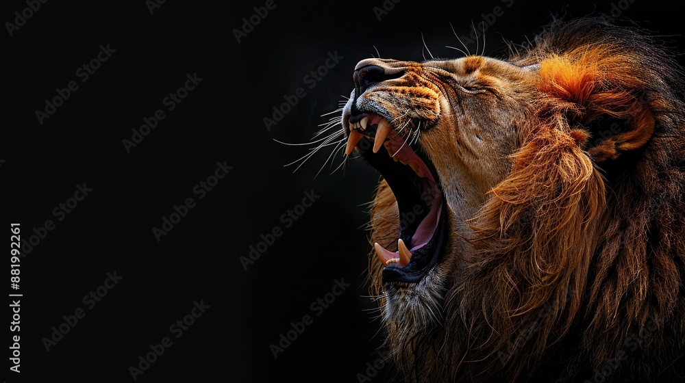 Fototapeta premium Majestic lion king roaring on the dark background
