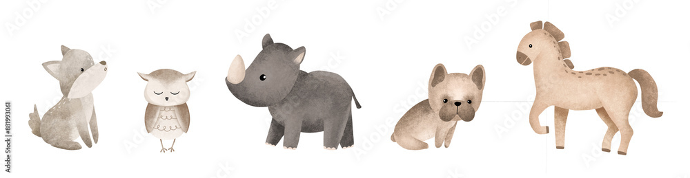 Naklejka premium Set of cartoon animals. Hand drawn illustration of beige French Bulldog and horse. Collection animal of grey color wolf and owl. Childrens clipart dark grey rhinoceros. Minimalist scandinavian style