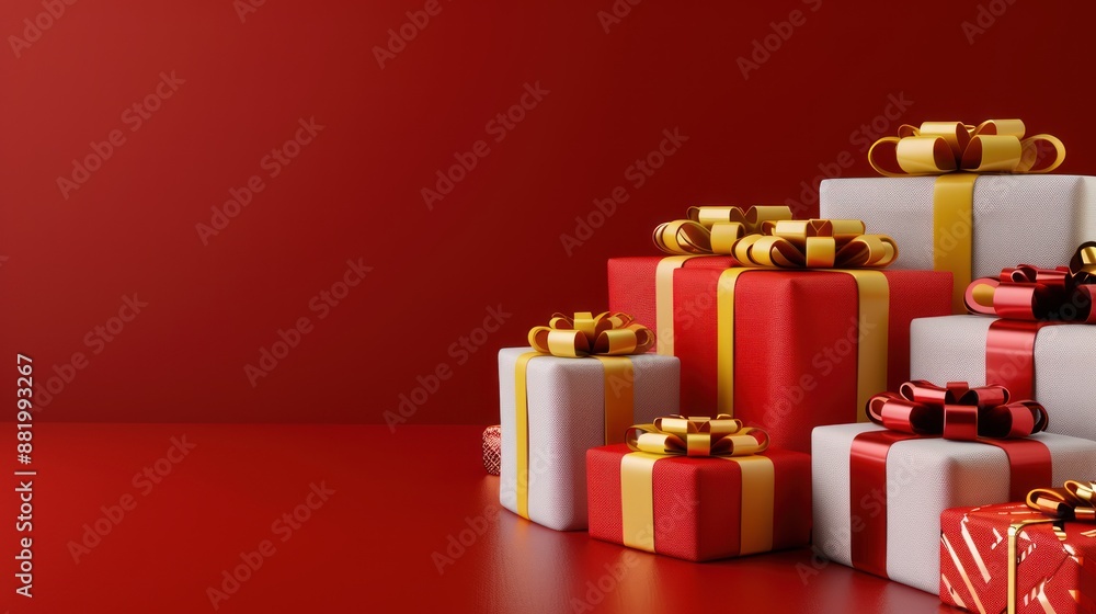 3d rendering pile of christmas gifts on red background with copy space, red and white color palette. all gift boxes have different sizes and colors, and each one has yellow ribbon bow at the top left 3d rendering pile of christmas gifts on red background with copy space, red and white color palette. all gift boxes have different sizes and colors, and each one has yellow ribbon bow at the top left