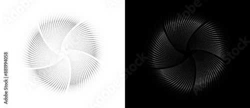 Abstract background with halftone dots spiral. Modern circle dotted pattern. Futuristic 5 corners star concept. Black shape on a white background and the same white shape on the black side.
