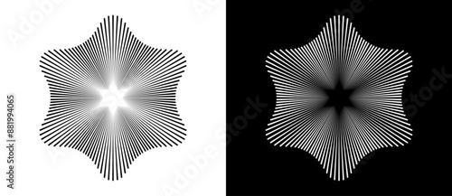 Abstract Star of David with six corners. Art line design star as logo or icon. A black figure on a white background and an equally white figure on the black side.