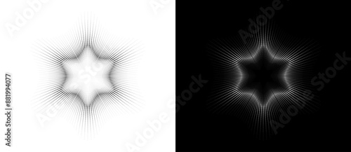 Abstract background with halftone dots David star. Modern circle dotted pattern. Futuristic jewish concept. Black shape on a white background and the same white shape on the black side.