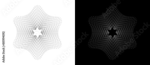 Abstract Star of David with six corners. Art line design star as logo or icon. A black figure on a white background and an equally white figure on the black side.