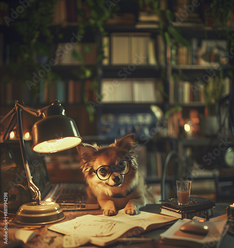 funny dog detective photo in retro / vintage style  doggy in the library reading a book and investigating  night blurred like with smoke insides © MonkaLemonka