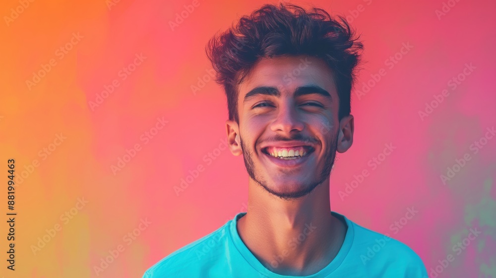 Joyful young man with a beaming smile against a vibrant multicolor background. Joyful young man with a beaming smile against a vibrant multicolor background.