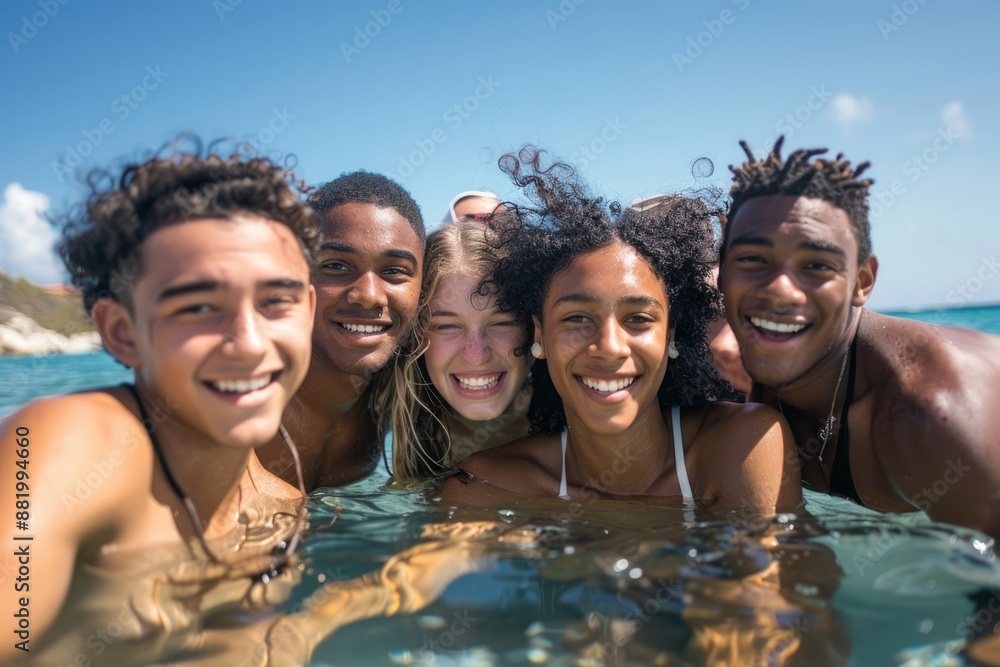 A group of young smiling people of several different ethnicities, races and nationalities pose chest-deep in the ocean on a beautiful island A group of young smiling people of several different ethnicities, races and nationalities pose chest-deep in the ocean on a beautiful island