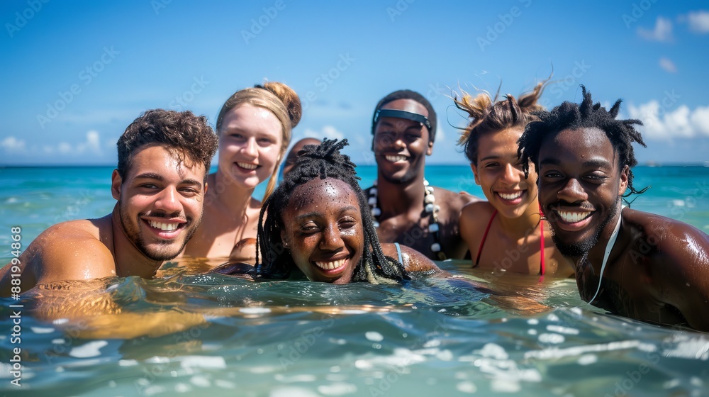 A group of young smiling people of several different ethnicities, races and nationalities pose chest-deep in the ocean on a beautiful island A group of young smiling people of several different ethnicities, races and nationalities pose chest-deep in the ocean on a beautiful island