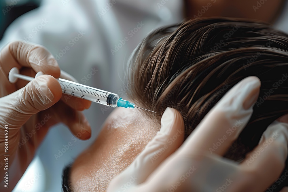 A male client receiving a scalp injection from a cosmetologist to stimulate hair growth, close up A male client receiving a scalp injection from a cosmetologist to stimulate hair growth, close up