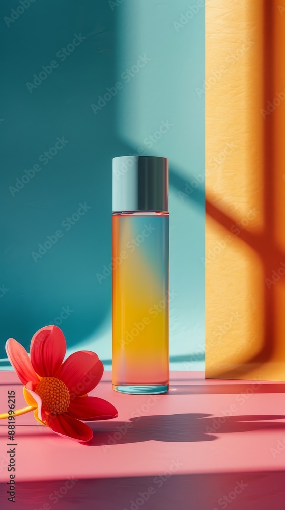 A bottle of perfume is sitting on a table next to a red flower A bottle of perfume is sitting on a table next to a red flower