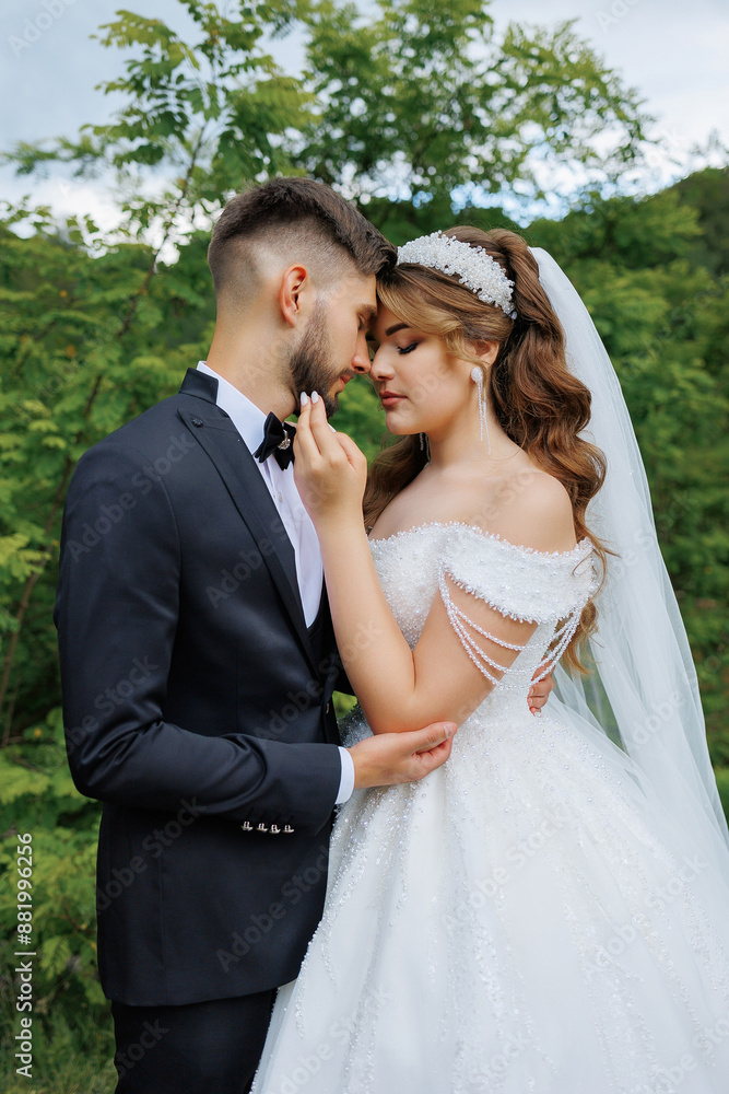 A bride and groom are hugging in a forest. The bride is wearing a white dress and a veil A bride and groom are hugging in a forest. The bride is wearing a white dress and a veil
