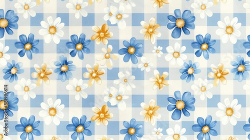 Blue and Yellow Flowers on Checkered Background