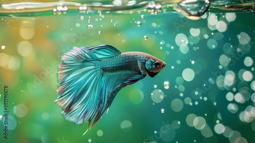 Wild betta imbellis Pk STM, colorful fighting fish. Swim underwater in a clear glass tank aquarium. Move freely on a green background.