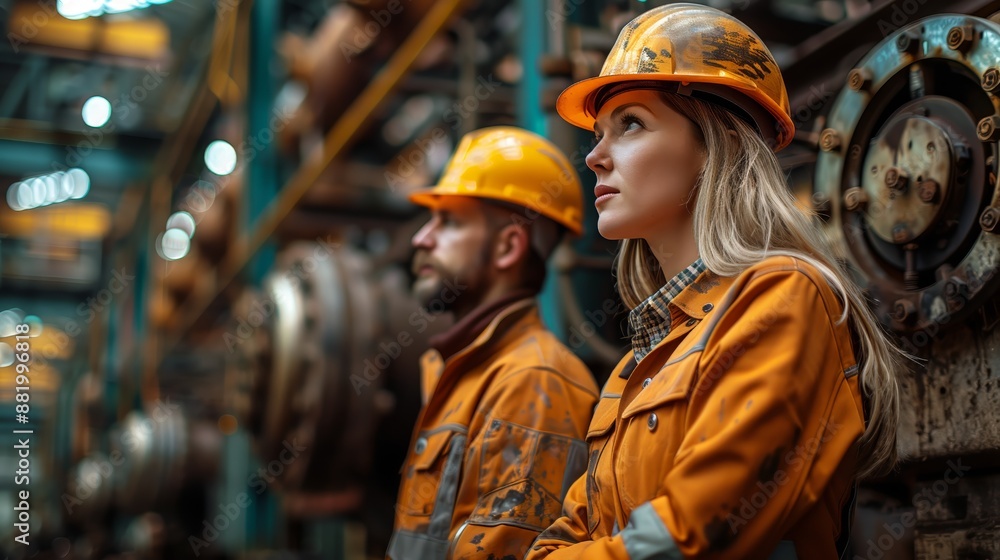 Two engineers wearing orange safety vests and hard hats are standing inside an industrial manufacturing plant with heavy machinery in the background. Two engineers wearing orange safety vests and hard hats are standing inside an industrial manufacturing plant with heavy machinery in the background.