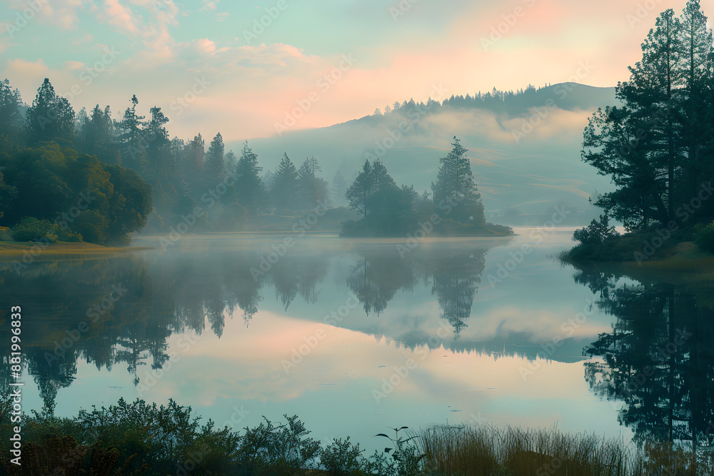 Misty Morning Serenity by the Lake: A Tranquil Landscape Reflecting the Beauty of Dawn Misty Morning Serenity by the Lake: A Tranquil Landscape Reflecting the Beauty of Dawn