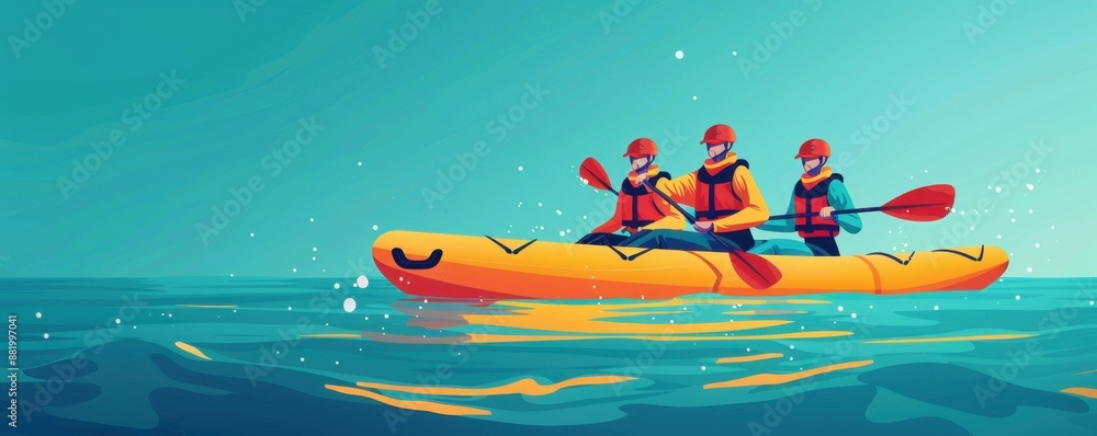 Illustration of a team of three kayakers paddling together in open water, showcasing teamwork, adventure, and outdoor recreation. Illustration of a team of three kayakers paddling together in open water, showcasing teamwork, adventure, and outdoor recreation.