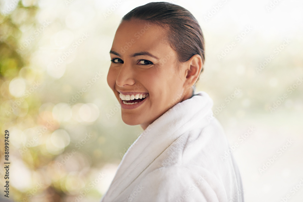 Portrait, laughing and woman in hotel, holiday and relax in vacation, robe and hospitality in resort in USA. Happy, girl and bokeh in break, morning and pride for luxury, travel and getaway of person