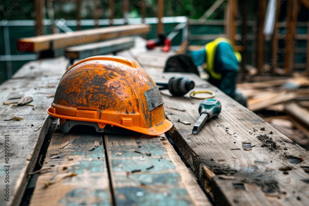Construction Safety Gear on a Wooden Plank Construction Safety Gear on a Wooden Plank