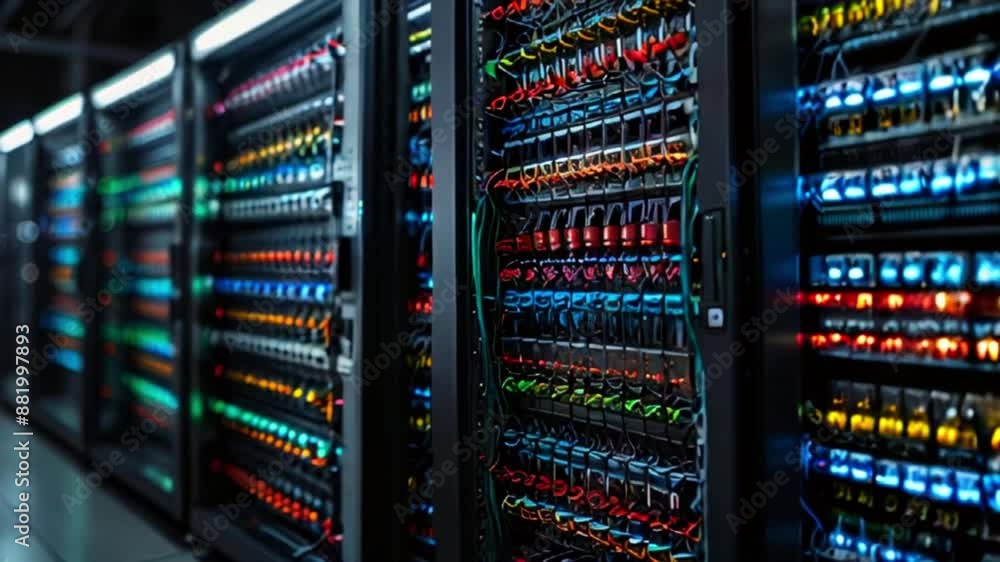 A dark room filled with tall metal server racks with bright blinking lights. A dark room filled with tall metal server racks with bright blinking lights.