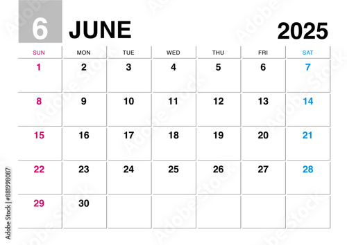 2025年6月のカレンダー日曜始まり	
