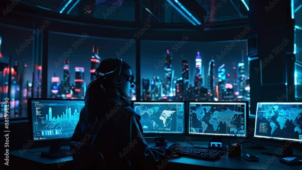 A person is sitting in a dark room in front of multiple computer screens. The screens are displaying various graphs, charts, and maps. The person is wearing a dark hoodie and a virtual reality headset A person is sitting in a dark room in front of multiple computer screens. The screens are displaying various graphs, charts, and maps. The person is wearing a dark hoodie and a virtual reality headset