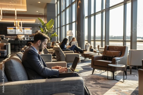 Man Working on Laptop in Airport Lounge
