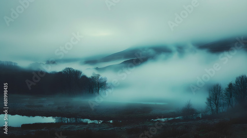 A moody, atmospheric landscape with rolling fog and muted colors, creating a sense of mystery and depth, useful for tranquil and serene designs, with ample copy space.