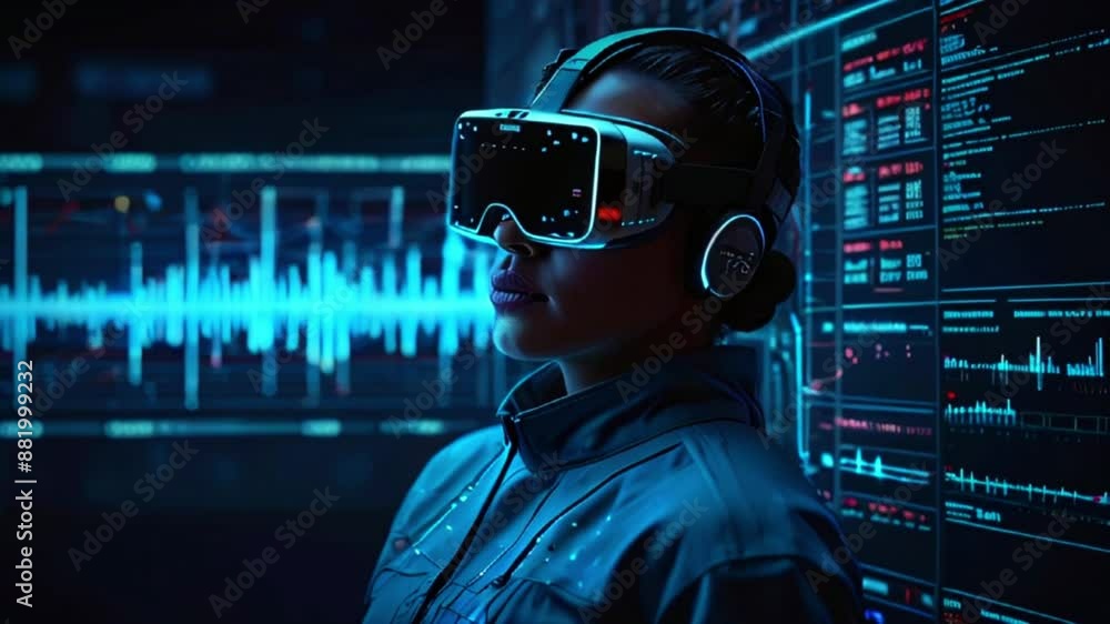 A person wearing a virtual reality headset with a futuristic screen in the background. A person wearing a virtual reality headset with a futuristic screen in the background.
