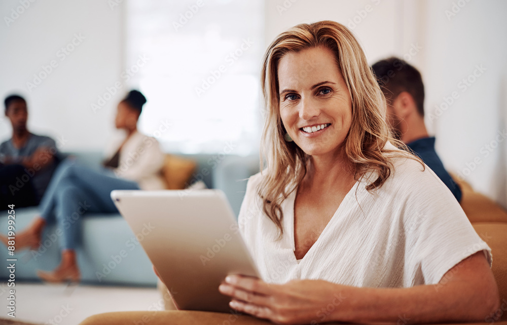 Portrait, woman and relax in office with tablet on sofa by company for job, career and work as journalist by news agency. Employee, online and couch in workplace for research, professional and editor Portrait, woman and relax in office with tablet on sofa by company for job, career and work as journalist by news agency. Employee, online and couch in workplace for research, professional and editor