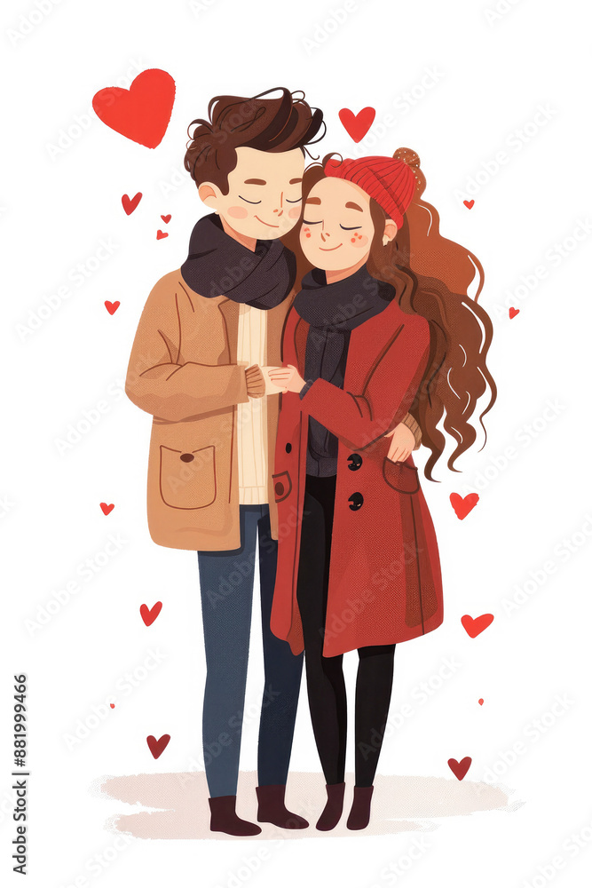 Cozy Valentine's Day illustration, romantic card on the theme of love. A couple in love, a man and a woman hugging tenderly, on a white background. Cozy Valentine's Day illustration, romantic card on the theme of love. A couple in love, a man and a woman hugging tenderly, on a white background.