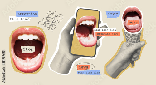 Cutout Halftone Graphic Set. Collage with hand, ice cream, phone and screaming mouth. Concept of news, lies, propaganda, gossip. Clipping elements with ripped paper in a pop art style.